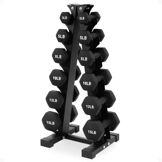 Balancefrom Fitness 110 Pound Neoprene Coated Cast Iron Dumbbell X Elite Exercise Workout Set with Stand, 10 Pairs of 1 to 10 Pound Weights, Black